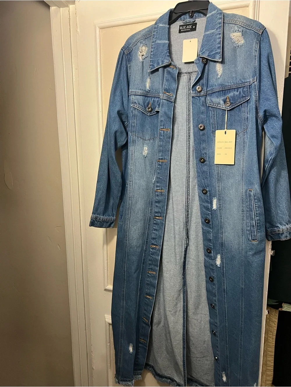 BLUE AGE Long Distressed Denim Jacket Coat in Light Blue - Picture 1 of 1